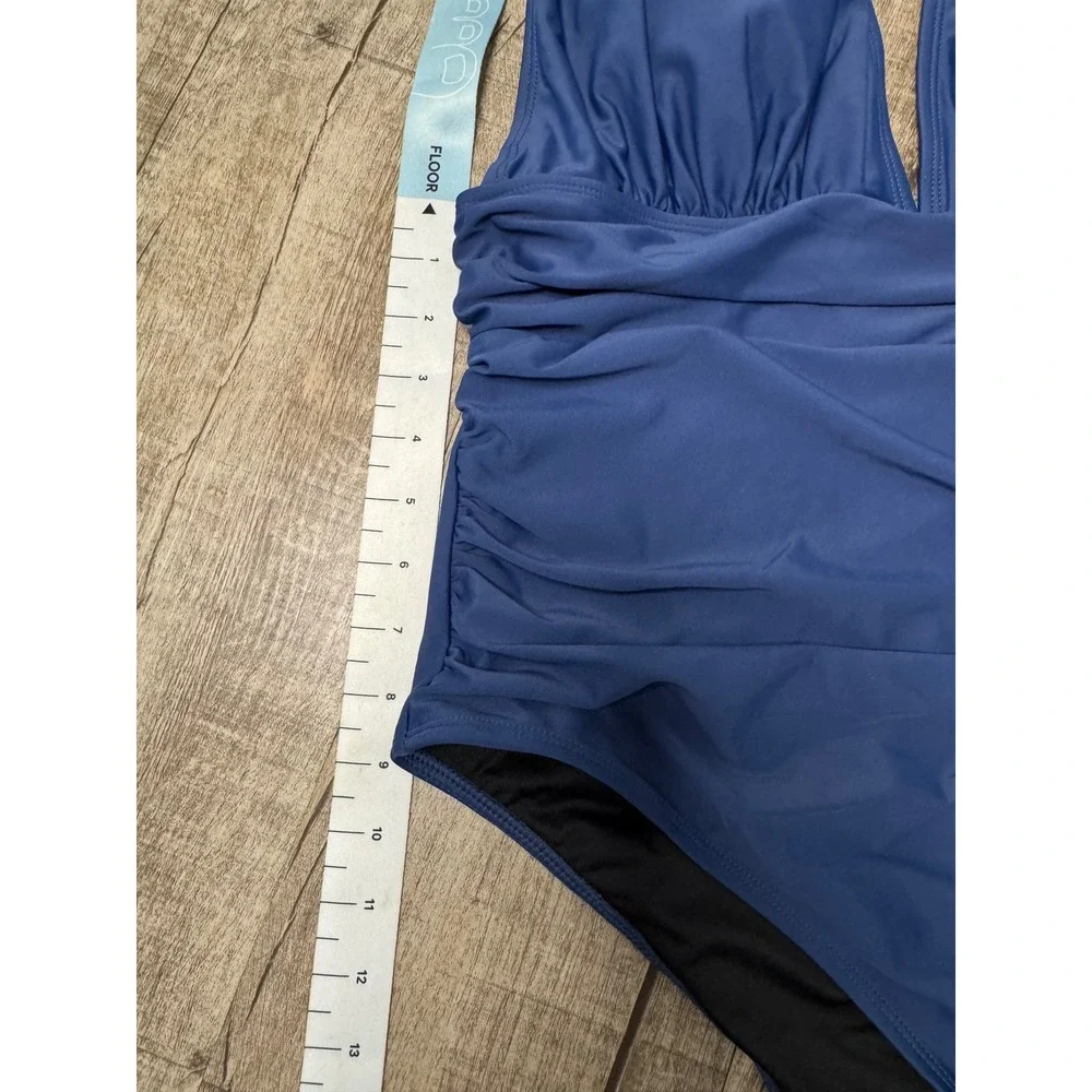 Cupshe Womens Navy Blue Halter One‎ Piece Swimsuit Ruched V-Neck XL